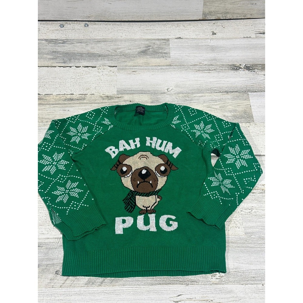 Holiday Sweater Kids Large Green Bah‎ Hum Pug Snowflake Graphic EUC
